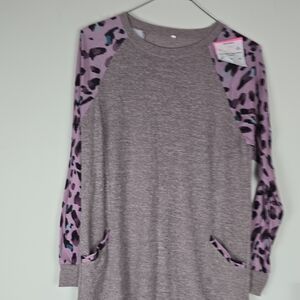 Gray Long Sleeve Top with Pink Leopard Print